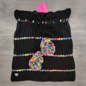 Vintage Betsey Johnson Y2K Knit Mini Skirt Pom Poms Black Rainbow Striped NWT